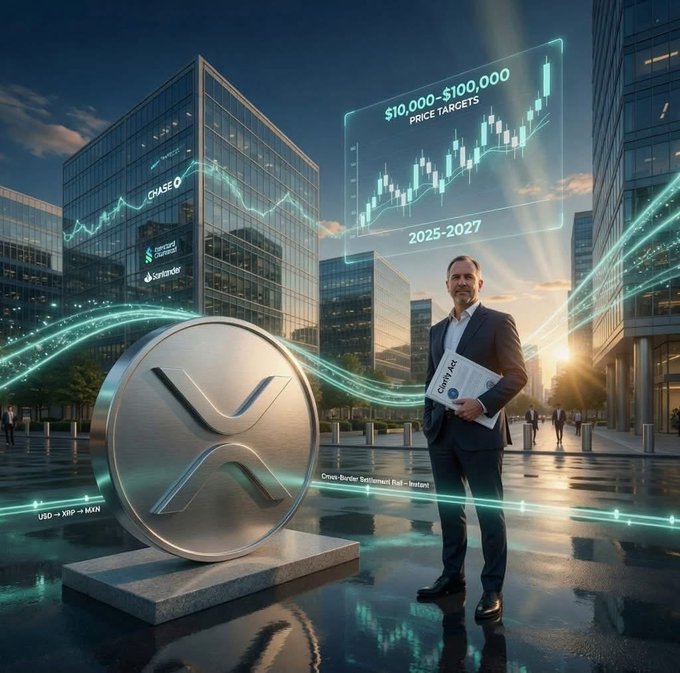 A promotional image features a large XRP cryptocurrency coin alongside a businessman holding documents, with text reading '$10,000-$100,000 PRICE TARGETS 2025-2027' and references to 'SEC Settlement', 'Ripple' and 'Santander'.