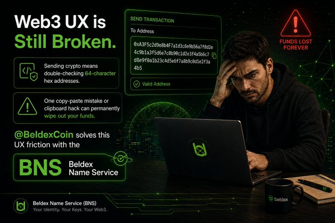 The image highlights "Web3 UX is Still Broken" with a stressed man at a laptop staring at a daunting 64-character hex address transaction screen, warning that one copy-paste error means "Funds Lost Forever," while promoting @BeldexCoin's Beldex Name Service (BNS) as the solution with the tagline "Your Identity. Your Keys. Your Web3."