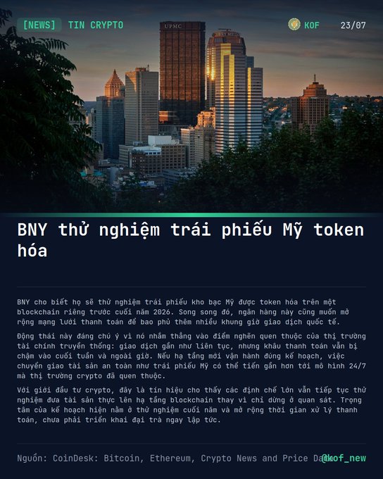 A crypto news article in Vietnamese titled 'BNY thử nghiệm trái phiếu Mỹ token hóa' (BNY tests tokenized US Treasuries), sourced from CoinDesk, dated 23/07.