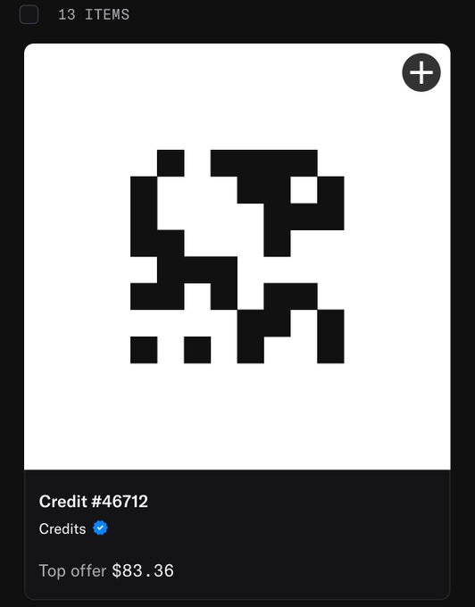 A digital marketplace listing shows "13 ITEMS" at the top with a QR code, displaying "Credit #46712" with a top offer of $83.36, illustrating the poster's claim of an NFT value jump from $8 to $83.