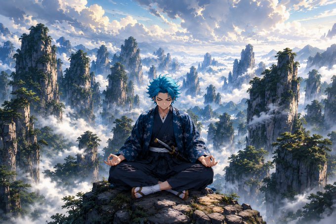 An anime-style illustration of a blue-haired swordsman meditating in lotus position on a rocky peak above a sea of clouds and mountain spires.