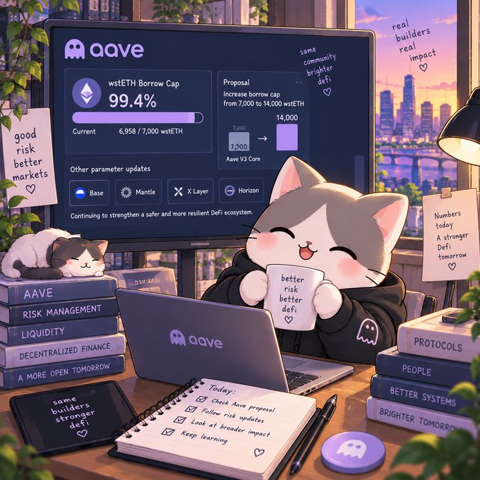 An anime-style illustration of a cat character at a laptop with a notebook, displaying an Aave DeFi dashboard on the monitor showing 'wstETH Borrow Cap 99.4%' and proposal details.