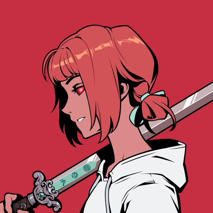 An anime-style illustration of a red-haired character with red eyes in profile, wearing a white hoodie and carrying a sword on their back against a red background.