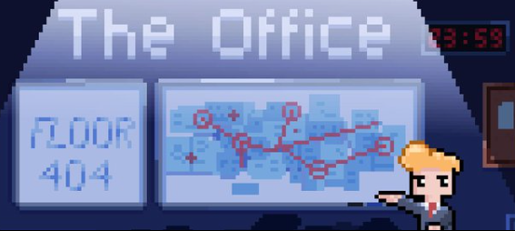 Pixel art scene showing a presentation titled "The Office" with "FLOOR 404" and a map with red path markers, alongside a blonde pixelated character pointing at it.