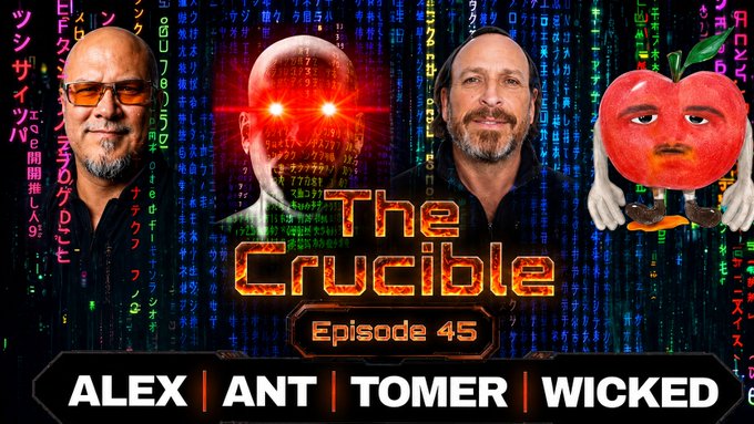 Thumbnail for 'The Crucible Episode 45' featuring headshots of ALEX, ANT, and TOMER, plus a stylized red apple character named WICKED, set against a falling code background.
