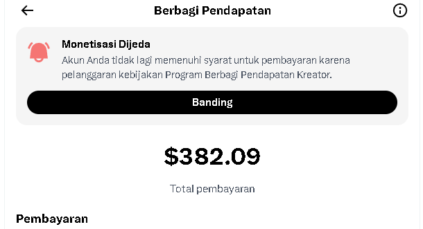 The image shows a "Berbagi Pendapatan" (Revenue Sharing) page in Indonesian, displaying a notification that the user's account ("Monetisasi Dijeda") has been suspended due to a violation of the Creator Revenue Sharing Program policy, with a "Banding" (Appeal) button and a total payment amount of $382.09 shown below. This relates to the Airdrop Finder context by illustrating how the platform can penalize users who exploit its revenue-sharing program, likely revealing why some users have been suspended from earning rewards.