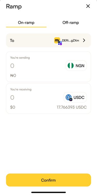 Mobile app screenshot of a 'Ramp' interface showing an on-ramp transaction, sending NGN (Nigerian Naira) and receiving 17.766393 USDC to a wallet, with a yellow 'Confirm' button at the bottom.