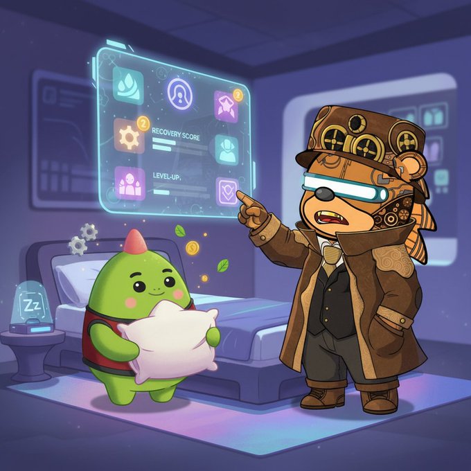 The image features a cartoon bear standing next to a green pillow, with a bed visible behind them. The bear appears to be holding a pillow while pointing at something on a screen or wall. A caption below the image reads "gm frens just wrapped up another quality sleep session @sleepagotchi turning my nights into points and progress no more boring routines this is fun dino getting all the upgrades lately hero merging in lite mode hits different consistency really is the secret sauce". The cartoon bear seems to be a character from a video game, possibly a steampunk-themed adventure.