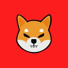 A stylized cartoon illustration of an orange and white Shiba Inu dog's face centered on a bright red background.