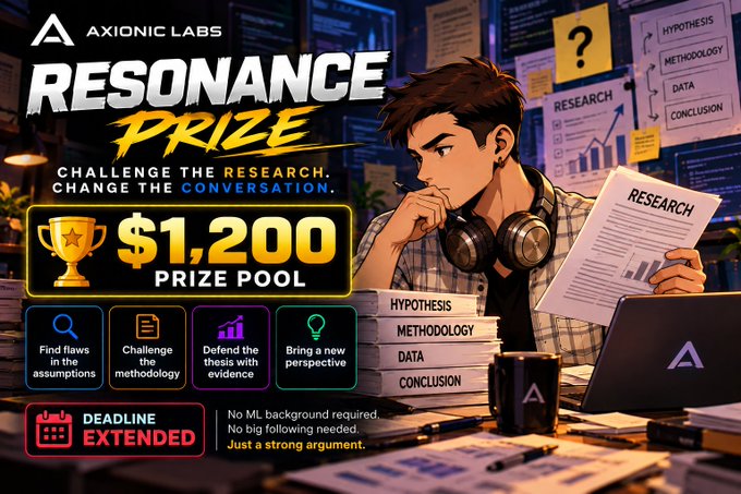 An illustrated promotional banner for 'AXIONIC LABS RESONANCE PRIZE' featuring an anime-style character surrounded by research materials, advertising a '$1,200 PRIZE POOL' with an extended deadline.