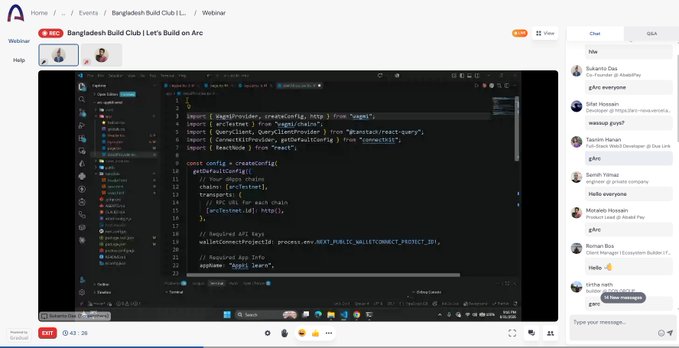 A webinar interface for 'Bangladesh Build Club | Let's Build on Arc' showing a code editor on screen and a chat sidebar with participants.