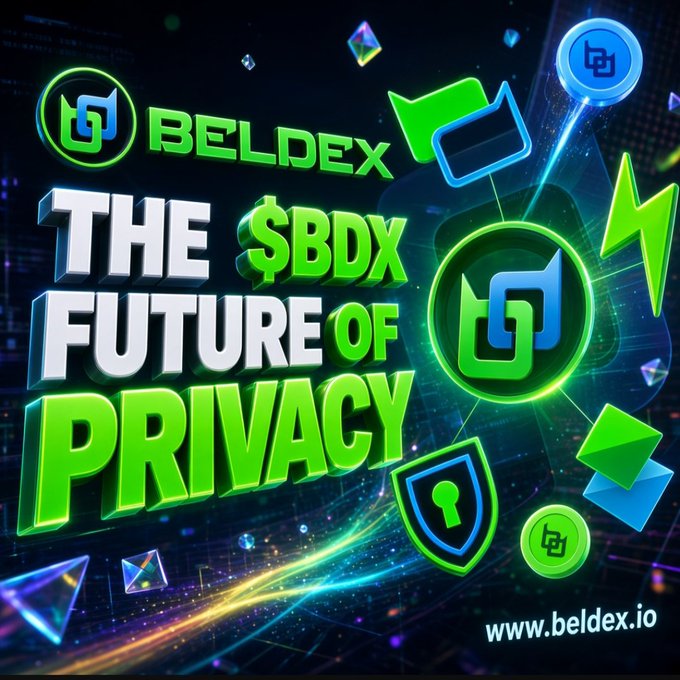 Promotional graphic for BELDEX cryptocurrency with text 'THE $BDX FUTURE OF PRIVACY' and the website www.beldex.io.