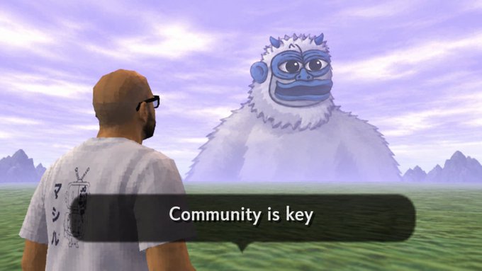 A video game character confronts a giant white yeti-like creature in an open field, with a speech bubble reading "Community is key." The image visually reinforces the post's argument that cultural momentum—not just technical infrastructure—drives a Layer 1 chain's market success, using the Yeti meme as a nod to the meme-driven communities (like BONK, WIF, and pump.fun) that helped propel Solana's rally.