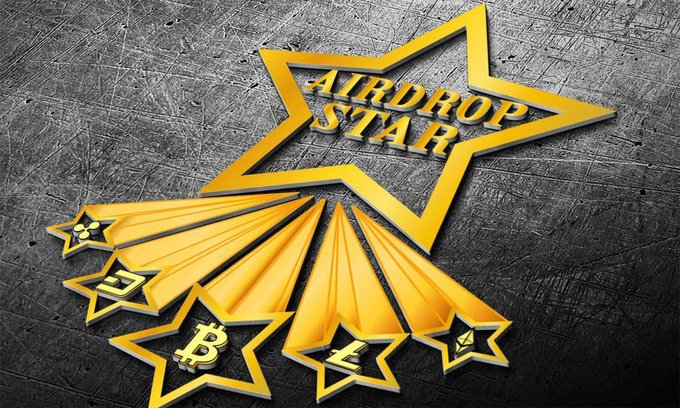 A glowing yellow star with the text "AIRDROP STAR" is displayed against a textured metallic background, with smaller stars beneath it featuring cryptocurrency symbols like Bitcoin (B), Litecoin (Ł), and Ethereum (Ξ) icons. The image's emphasis on cryptocurrency airdrops visually reinforces the post's announcement of a $20 worth of LITHO token giveaway by Airdrop Star.
