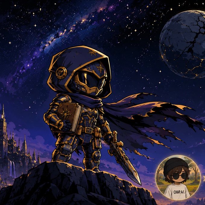 An anime-style illustration of a hooded knight character holding a book and sword under a starry sky, with a cracked moon in the background and a 'CHAP.AI' avatar in the corner.