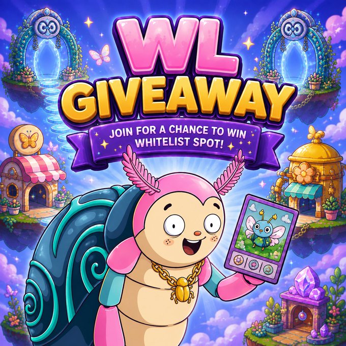 A vibrant WL GIVEAWAY promotional graphic featuring a pink cartoon character holding a trading card, with the banner 'JOIN FOR A CHANCE TO WIN WHITELIST SPOT!' set against a fantasy landscape with butterflies and portals.