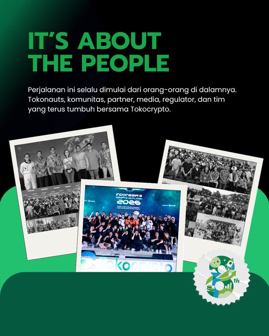 A Tokocrypto promotional graphic titled 'IT'S ABOUT THE PEOPLE' with text about their 8th anniversary and polaroid-style photos of team events.