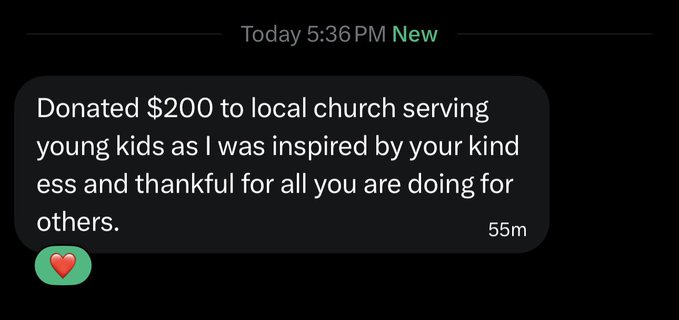 A screenshot of a text message notification received at 5:36 PM reads: "Donated $200 to local church serving young kids as I was inspired by your kindness and thankful for all you are doing for others," with a red heart reaction emoji below it. This message directly supports the post celebrating the amazing $TBB community by showcasing a generous donation inspired by the group's kindness.