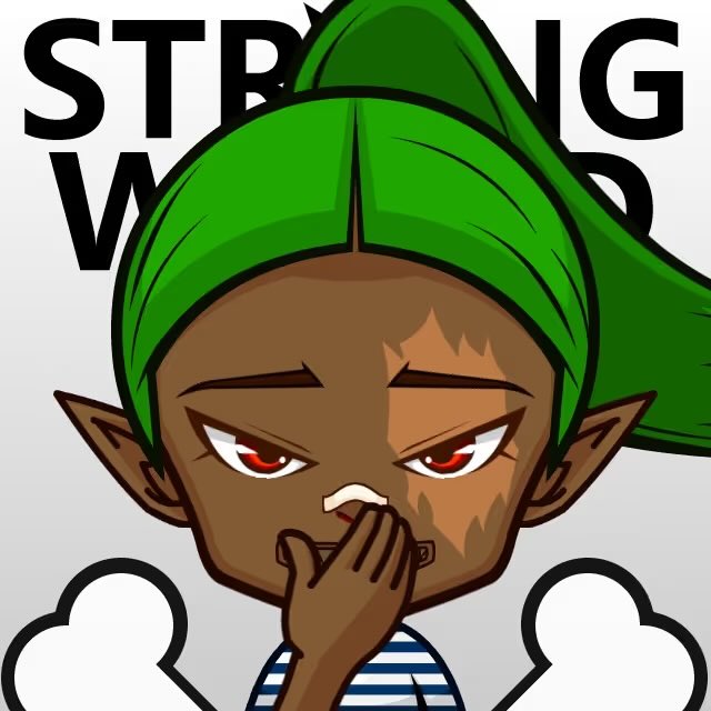 An animated cartoon character with pointed ears and a green bandana covers their mouth in a gesture of shock or surprise, with the partially visible text 'STRONG WO' behind them.