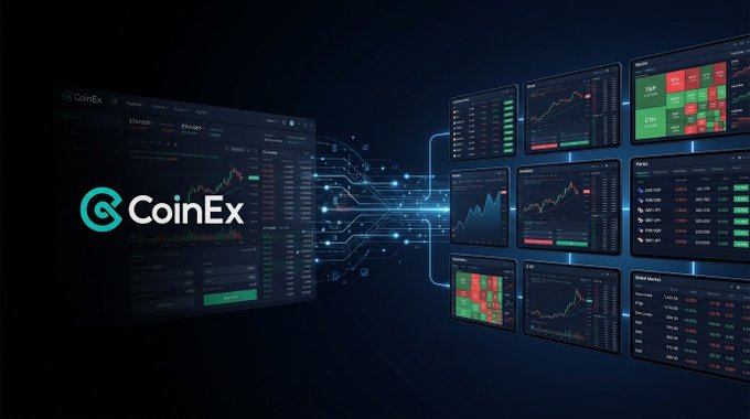Dark-themed digital graphic for 'CoinEx' displaying the company's logo on the left, with lines connecting to a series of floating screens on the right that display cryptocurrency trading interfaces, market data, candlestick charts, and order books.
