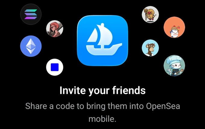 The image promotes OpenSea's mobile referral program, displaying the blue OpenSea sailboat logo alongside various NFT icons and crypto symbols (Solana, Ethereum), with the text "Invite your friends — Share a code to bring them into OpenSea mobile." This relates to the post, which is offering an early access invite code to someone new to the NFT space wanting to join OpenSea's mobile platform.