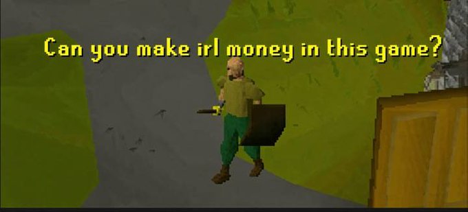 A bald, low-poly video game character stands holding a shovel next to a doorway, with bold yellow text reading "Can you make irl money in this game?" — humorously posing the question about real-world earnings that the post answers affirmatively by promoting the $GP token ecosystem.