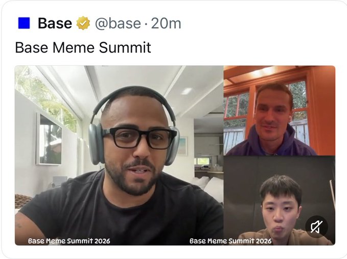 A Base post featuring a three-person video call is titled “Base Meme Summit,” with “Base,” “@base,” “20m,” and “Base Meme Summit 2026” visible.