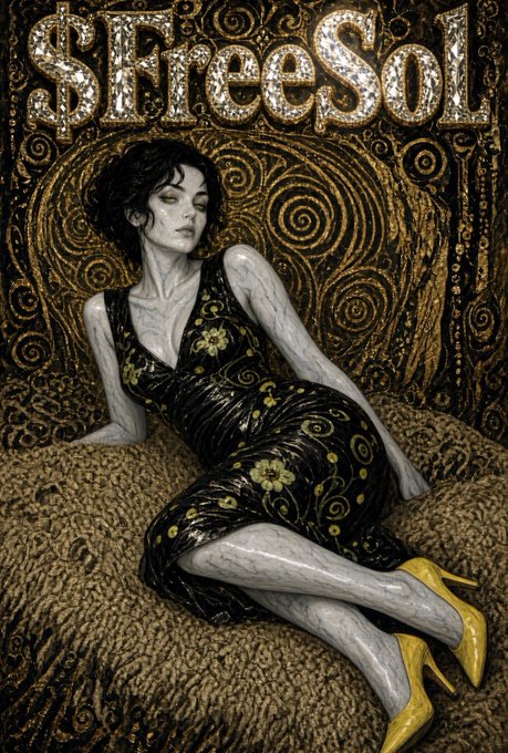 A reclining figure with pale, marbled skin wears a black floral-patterned dress and bright yellow heels against a swirling gold backdrop, beneath the glittering text "$FreeSol" — a visual pitch for the FreeSol token on Solana. The opulent, Gustav Klimt-inspired aesthetic suggests the token's branding embraces luxury and high-end art motifs.