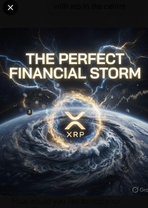 The image is a dramatic poster featuring the XRP logo at the center of a glowing, stormy vortex with lightning and Earth visible in the background, under the headline "THE PERFECT FINANCIAL STORM." This aligns with the post's "Days away #XRP" message, visually conveying that a major XRP market event or breakout is imminent.