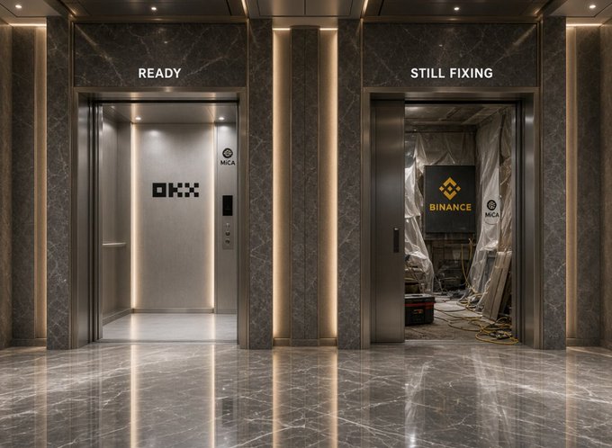 The image shows two elevators side by side: the left one labeled "READY" displays the OKX logo (with MiCA certification visible), and the right one labeled "STILL FIXING" shows a Binance-branded elevator covered in plastic sheeting and construction debris. The visual metaphor contrasts OKX's early preparation with MiCA regulations against a competitor still scrambling to comply, illustrating the post's message about the importance of being prepared before regulatory changes take effect.