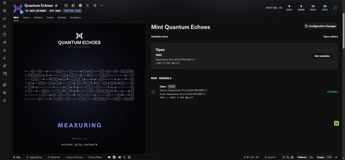 A webpage from a Quantum Echoes NFT minting site, showing 'Mint Quantum Echoes' with an open status and a price of 1.1 SOL, with 'MEASURING' displayed on the artwork.