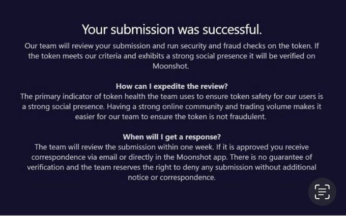 A confirmation screen from Moonshot stating "Your submission was successful" and noting the token will be reviewed within one week, with text explaining that strong social presence and trading volume will help expedite verification. The image relates to the post by showing the official Moonshot submission confirmation page for the $CHILLAPE token (9TyMG9GkQncEqH3mvTwphkcTYSXtJYHGuCUrXsKcpump), suggesting the author has just applied for the token to be verified on the platform.