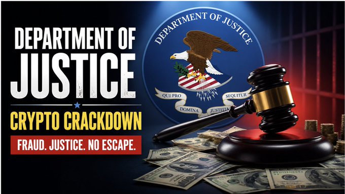 A graphic titled 'DEPARTMENT OF JUSTICE CRYPTO CRACKDOWN' with the tagline 'FRAUD. JUSTICE. NO ESCAPE.' features the DOJ seal, a gavel, stacks of money, and a blurred American flag background.