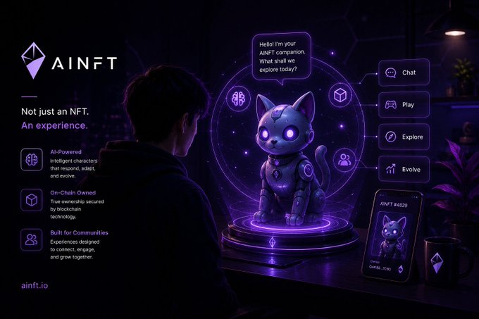 A user interacts with a glowing purple robotic cat NFT companion in a dark futuristic setting, with the on-screen prompt reading "Hello! I'm your AINFT companion. What shall we explore today?"—illustrating the post's concept of AI-powered, interactive digital collectibles beyond static NFT ownership, branded under "AINFT" at "ainft.io" with features including Chat, Play, Explore, and Evolve.