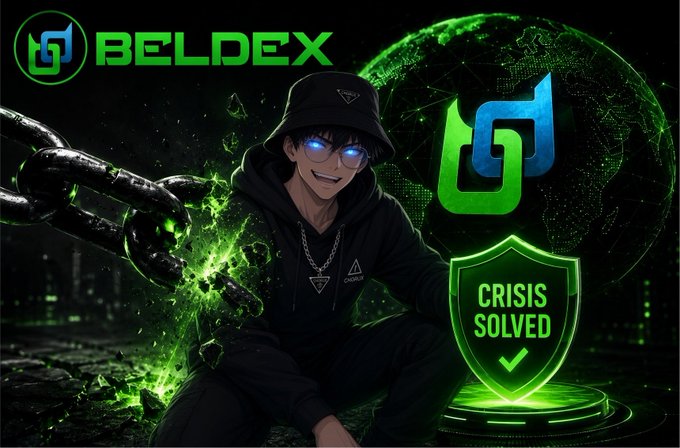 A promotional graphic for 'BELDEX' featuring an anime-style character breaking green glowing chains next to a 'CRISIS SOLVED' shield.