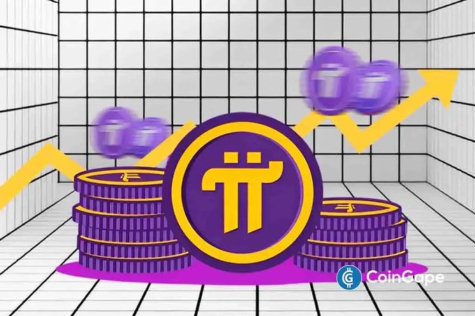 A vibrant graphic showcases purple and gold Pi Network ($PI) coins stacked in a room with a rising yellow arrow, symbolizing bullish momentum—directly illustrating the post's theme of $PI holding above $0.08 ahead of the Protocol 28 activation on October 16. The "CoinGape" watermark appears in the bottom right corner.