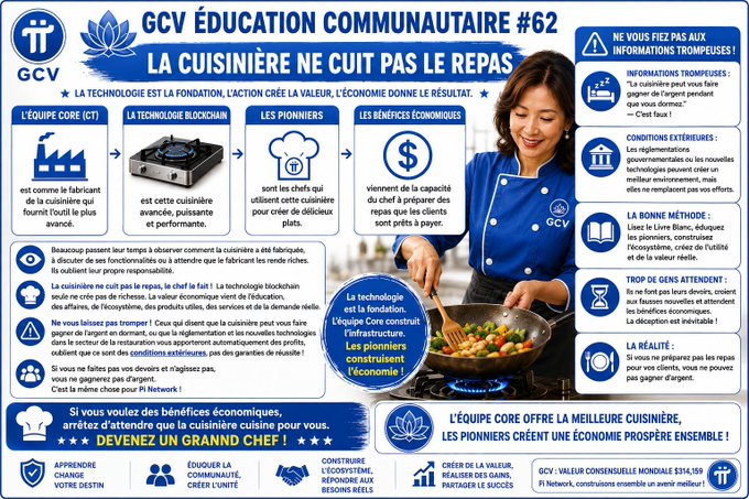 A French promotional infographic for GCV Éducation Communautaire #62 titled 'LA CUISINIÈRE NE CUIT PAS LE REPAS,' explaining blockchain technology and inviting readers to become a 'GRAND CHEF.'