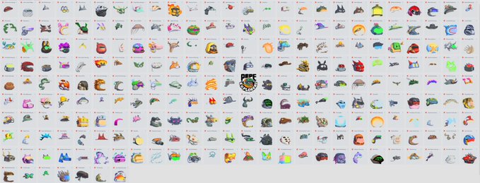 A grid display showcasing 260 head accessories from the Pepe Explorers NFT collection, featuring a colorful array of hats, helmets, and other headwear for the Pepe characters. The image aligns with the accompanying post, which notes that only the head accessories are shown out of the larger collection.