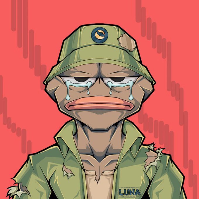 A cartoon crocodile soldier with a green military helmet and uniform sheds tears against a red background, with "LUNA" displayed on his uniform patch. The distressed, battle-worn soldier visually embodies the "2021 survivors" theme of the NFT mint, referencing those who weathered the crypto market turmoil associated with projects like Terra/Luna.