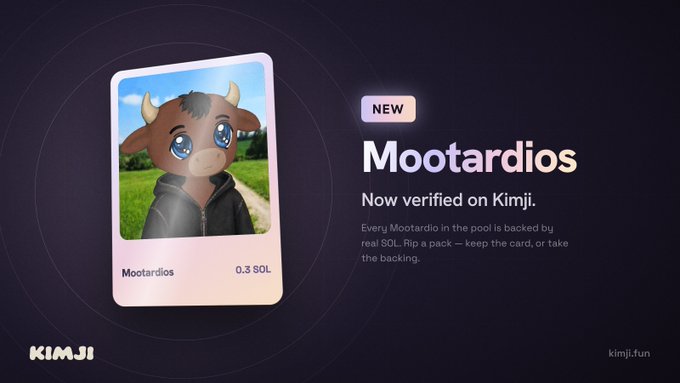 A promotional graphic from Kimji features a trading card labeled "NEW Mootardios" priced at 0.3 SOL, depicting a cartoon bull character wearing a black hoodie. The accompanying text announces that Mootardios is now verified on Kimji, inviting existing holders to stake their card and newcomers to purchase one by ripping packs.