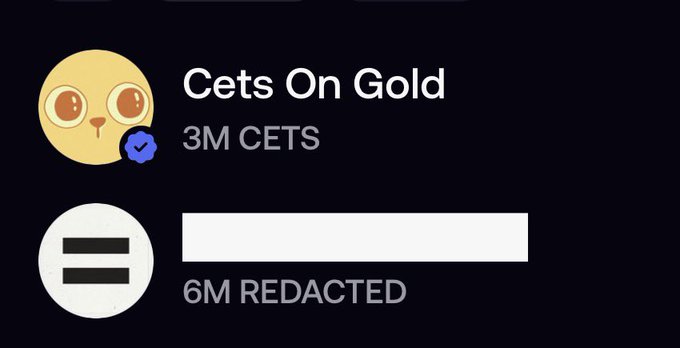 A profile listing showing 'Cets On Gold' with a yellow cat emoji avatar, '3M CETS', and a redacted entry labeled '6M REDACTED' with a censored username.