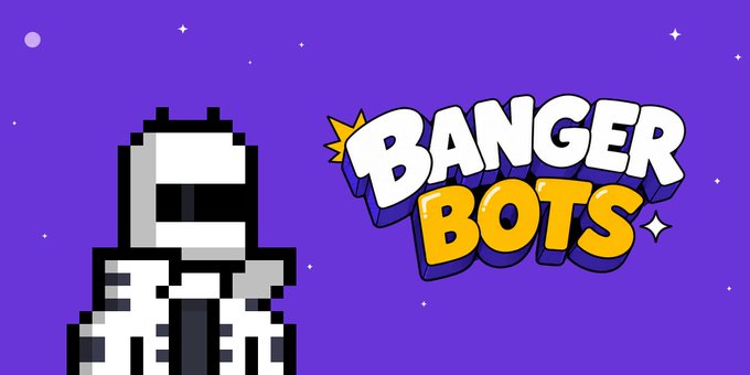 A pixel-art robot stands beside the bold "BANGER BOTS" logo against a starry purple background, promoting the upcoming September 2nd OpenSea NFT mint for whitelist holders. The retro-style character reinforces the retro-gaming theme of the bot-themed NFT collection teased in the post.
