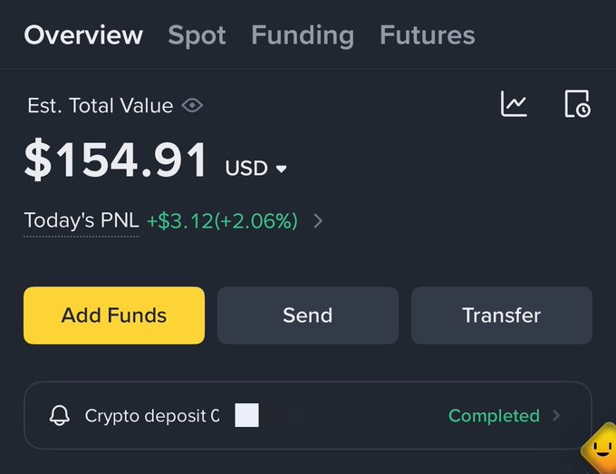 A Binance-style crypto wallet dashboard shows an estimated total value of $154.91 USD with today's PNL at +$3.12 (+2.06%), accompanied by a notification of a completed crypto deposit—likely representing the user's web3 paycheck. The screenshot humorously captures the modest first earnings from a web3 job, turning a small crypto deposit into a celebratory "pay day" milestone.
