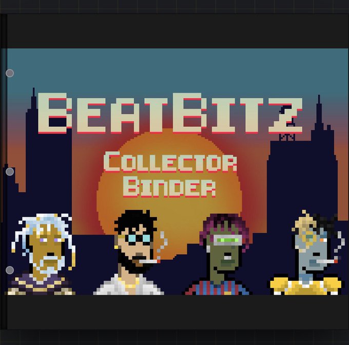 Pixel art cover art for 'BEATEITZ Collector Binder' showing four character portraits against a sunset cityscape backdrop.