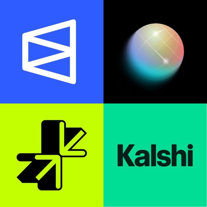 A four-panel image showing logos: a white geometric symbol on blue, a glowing sphere on black, a black abstract icon on yellow-green, and 'Kalshi' text on green.