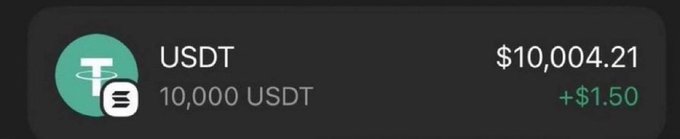 A financial balance display showing USDT holdings of $10,004.21 (10,000 USDT) with a small gain of +$1.50.