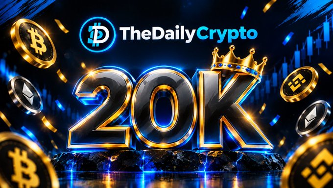 A digital graphic for 'TheDailyCrypto' featuring a large golden '20K' topped with a crown, surrounded by floating Bitcoin and Ethereum coins against a blue background.