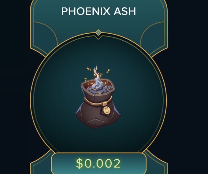 A digital in-game or app item labeled 'PHOENIX ASH' showing a small, stylized black pouch with a glowing flame inside, priced at $0.002.