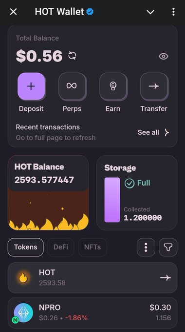A screenshot of the HOT Wallet app showing a total balance of $0.56, HOT balance of 2593.577447 tokens, with Deposit, Perps, Earn, and Transfer options visible, plus recent transactions.