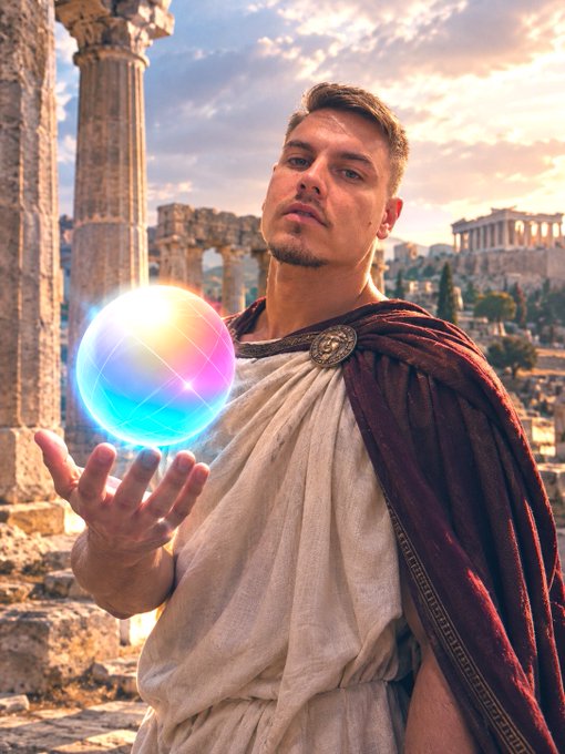 A digitally edited image of a man dressed in a Roman-style tunic and red cape, holding a glowing, multi-colored crystal ball in front of ancient Greek ruins.